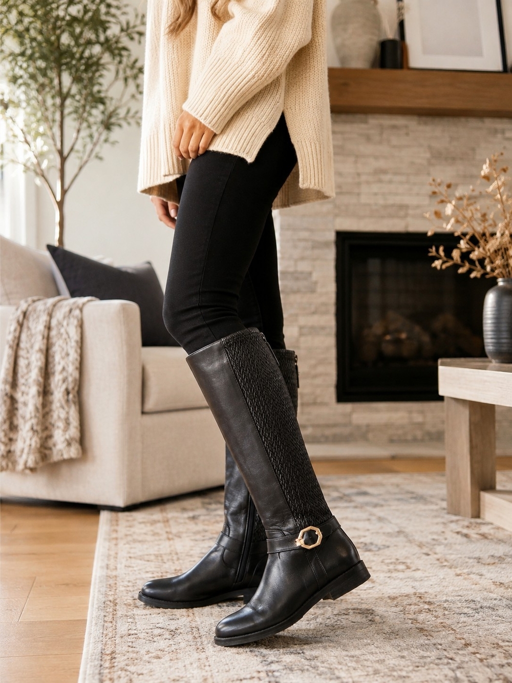 Cole Haan Grand.OS Black Leather Woven Riding Boots Size 9B